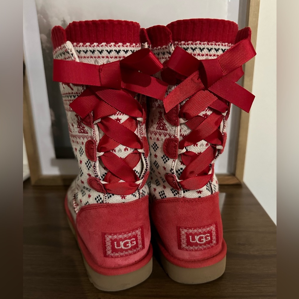 Ugg Christmas Year Holiday Sweater Flat Knit Boots Ribbon Red